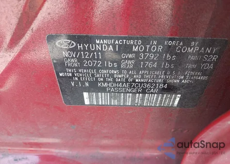 2012 Hyundai Elantra Limited (Ulsan Plant) from USA, damaged, VIN KMHDH4AE7CU362184
